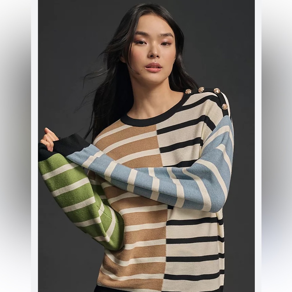 Anthropologie English Factory Shoulder Button Striped Sweater, Neutral, Medium